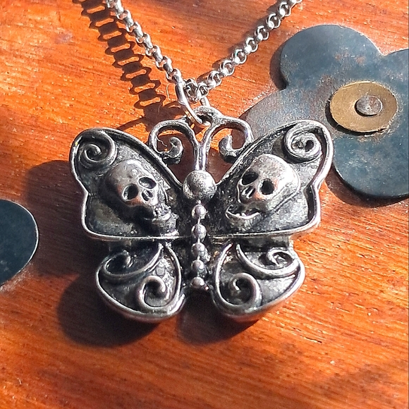 Sterling Silver Skull Butterfly Pendant Necklace - Picture 1 of 4